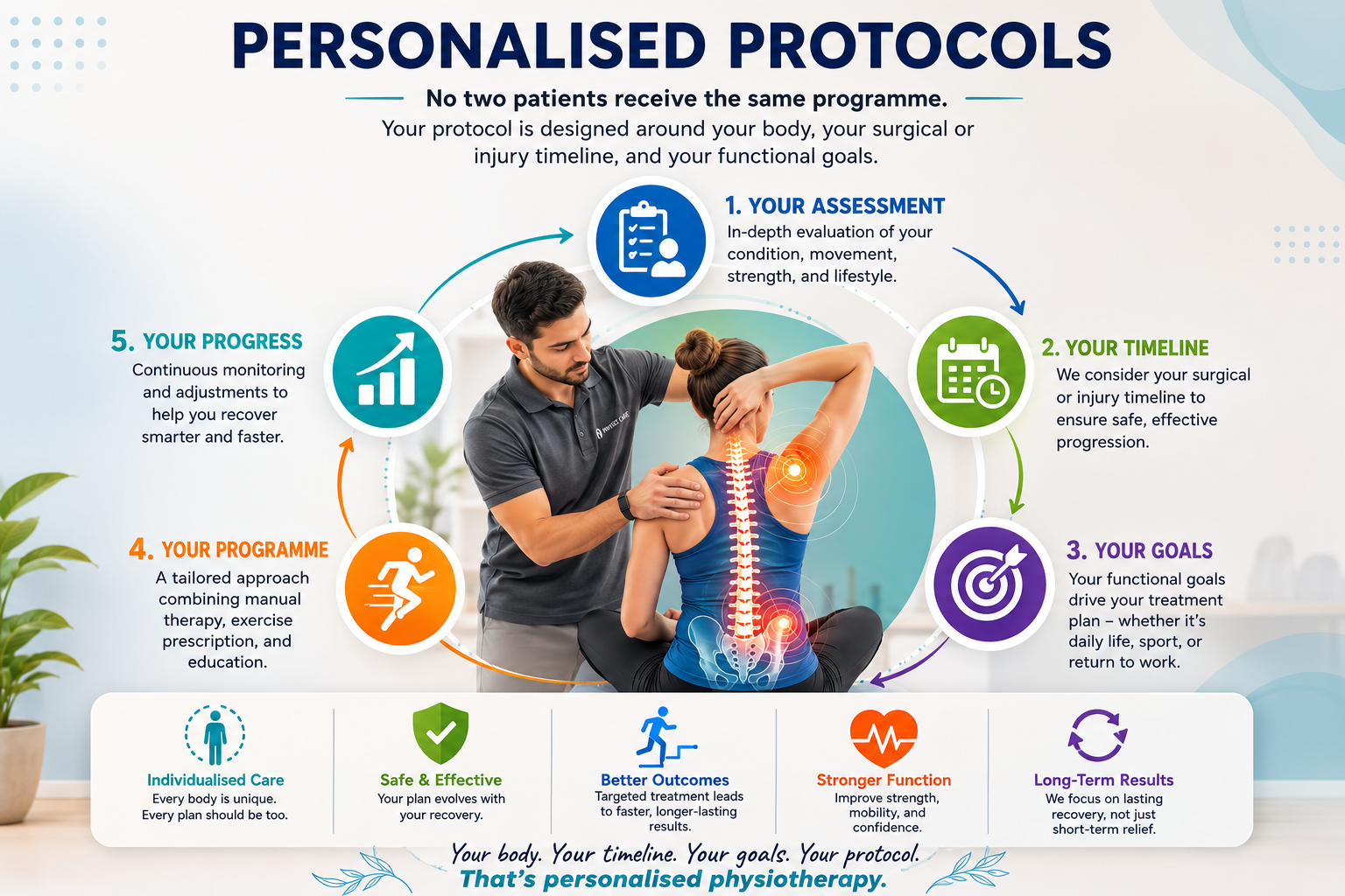 Infographic illustrating a personalized physiotherapy treatment protocol with comprehensive assessment, customized rehabilitation planning, functional recovery, progress monitoring, sports injury rehabilitation, post-surgical physiotherapy, and long-term pain management.