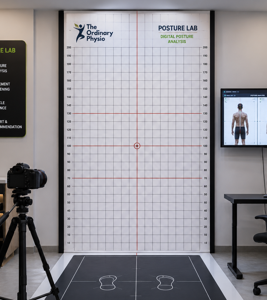 Modern posture analysis studio at The Ordinary Physio featuring a posture grid wall, DSLR camera setup, movement assessment station, and AI-powered digital posture analysis system for orthopedic and rehabilitation assessments.