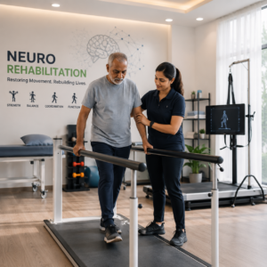 Physiotherapist assisting a neurological rehabilitation patient with gait training using parallel bars in a modern neuro rehabilitation clinic at The Ordinary Physio, Noida.