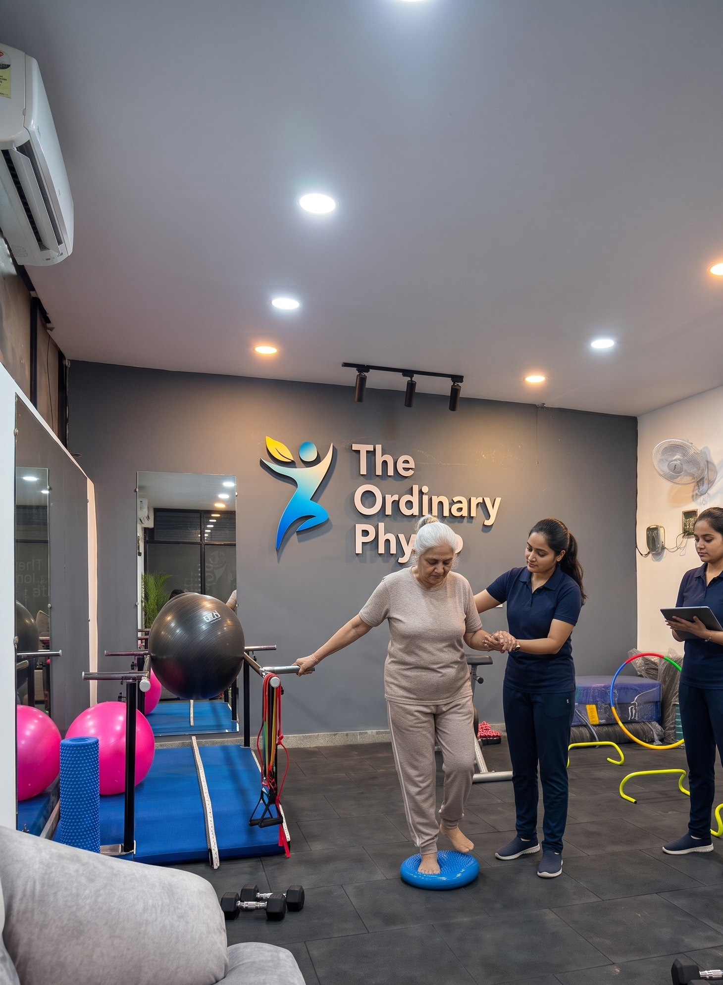 An elderly female patient in beige clothing balances on a blue stability disc while holding onto parallel bars. A female physiotherapist in navy blue guides her, and a second physiotherapist on the right takes notes on a tablet. The background features stability balls, resistance bands, and a wall sign with 'The Ordinary Physio' logo.