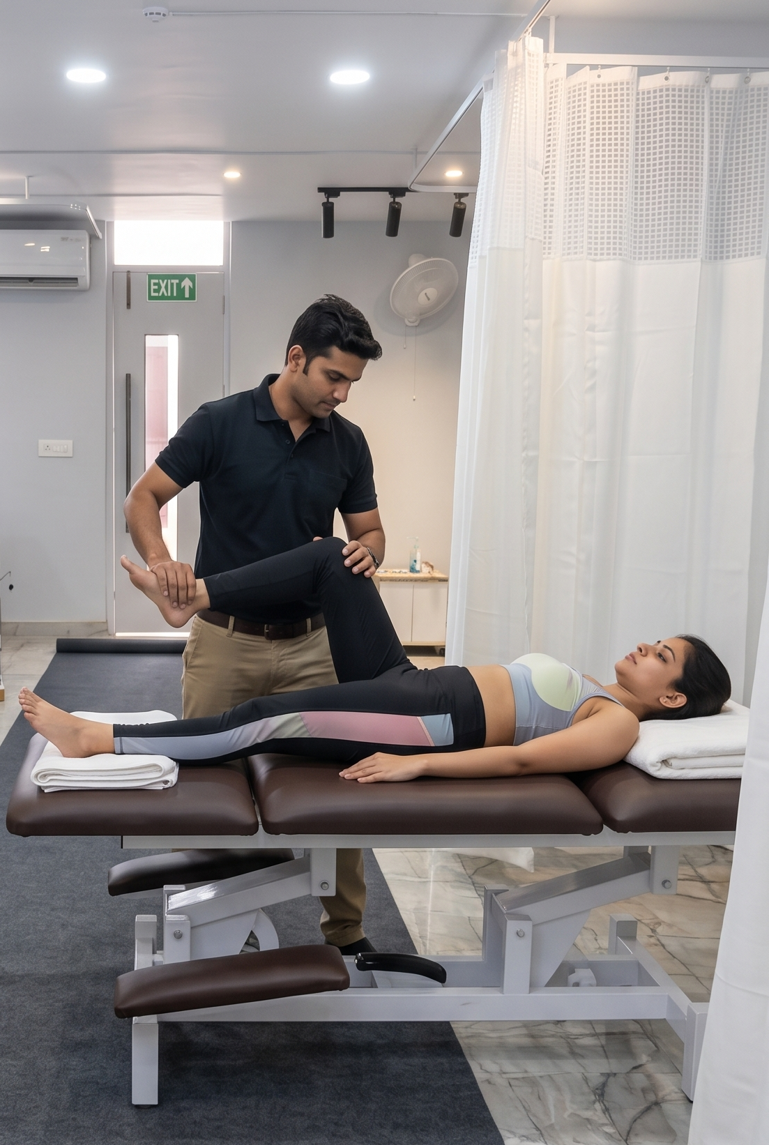 A professional male physiotherapist in a modern, clean physical therapy clinic in India performs manual knee mobilization on a female patient in athletic wear who is lying on a treatment table.