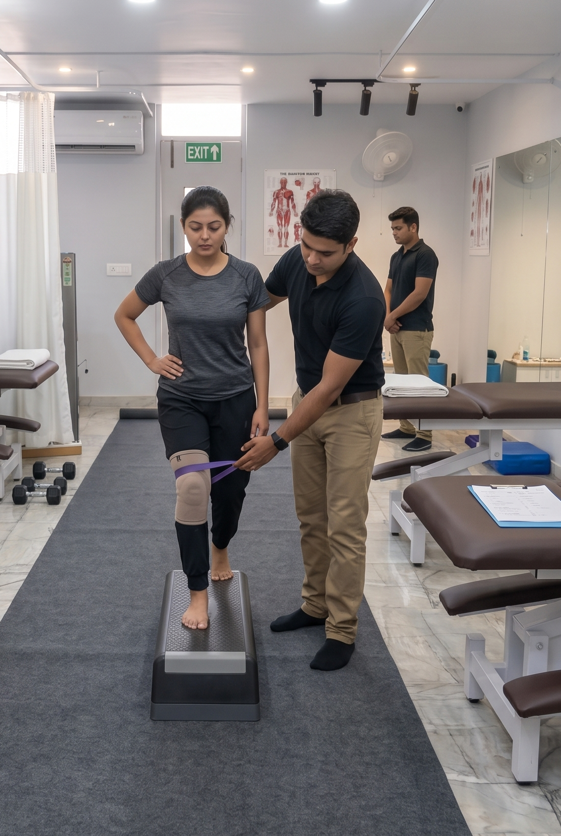 Inside a modern physical therapy clinic, a male physiotherapist adjusts a resistance band around a female patient's knee brace during rehabilitation exercises. The patient stands on a black step block for balance and strengthening training in a clean, brightly lit rehabilitation center.