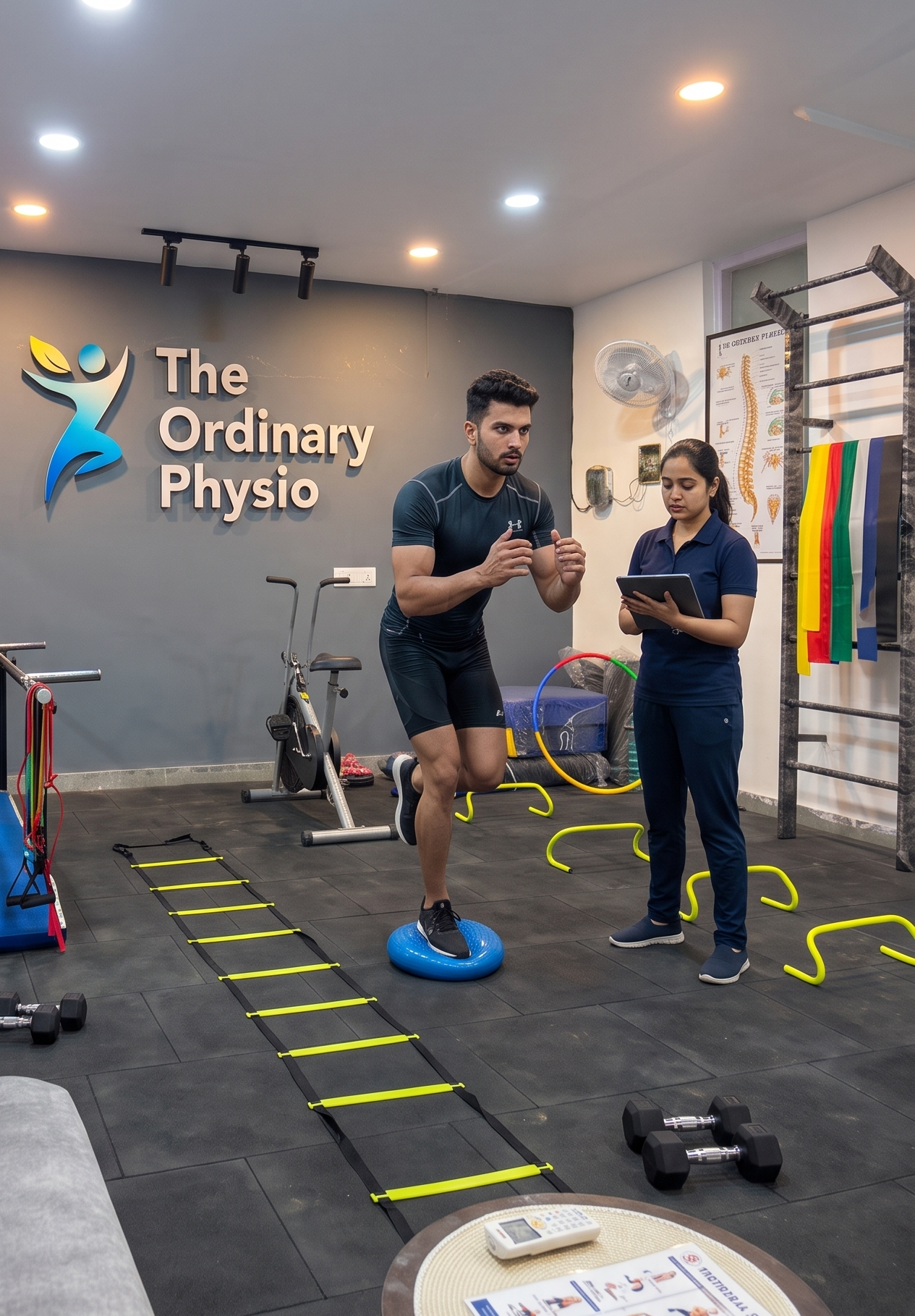 A male athlete is balancing on a blue stability disc in a modern physical therapy clinic, with a female physiotherapist observing and taking notes on a tablet. The background features stability balls, hurdles, an agility ladder, and "The Ordinary Physio" logo on a grey wall.
