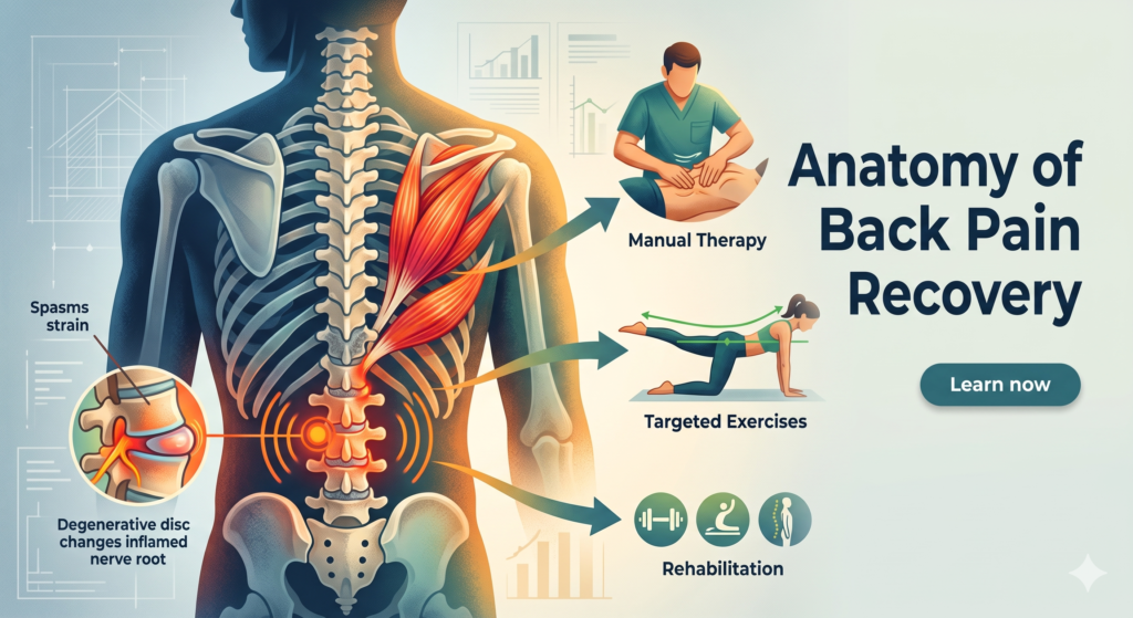 Back pain recovery guide infographic for Sector 104, Noida, detailing conditions like degenerative disc disease, inflamed nerve roots, and physical therapy treatments such as exercises and manual therapy.