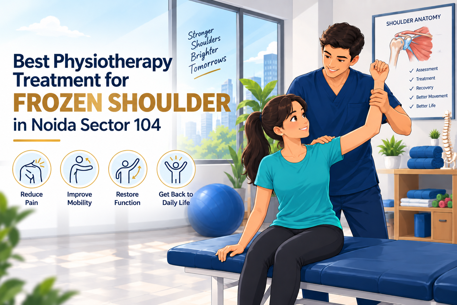 Physiotherapist treating frozen shoulder with shoulder mobilization exercises at The Ordinary Physio, Sector 104 Noida